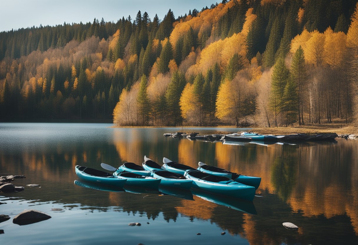A serene lake surrounded by changing foliage, with kayaks lined up on the shore. One side of the lake shows signs of early spring, while the other side is still covered in snow
