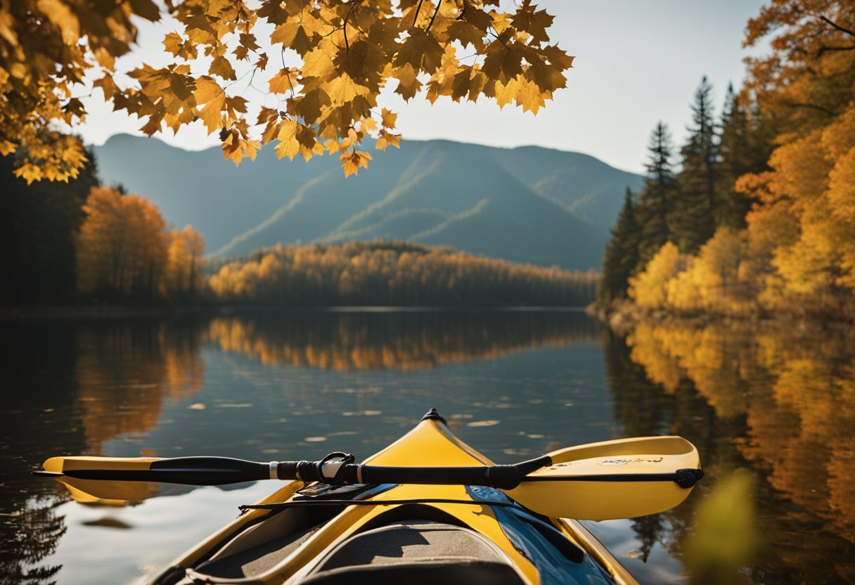A calm lake reflects changing leaves as a kayak sits on the shore. A calendar marks the start of kayaking season