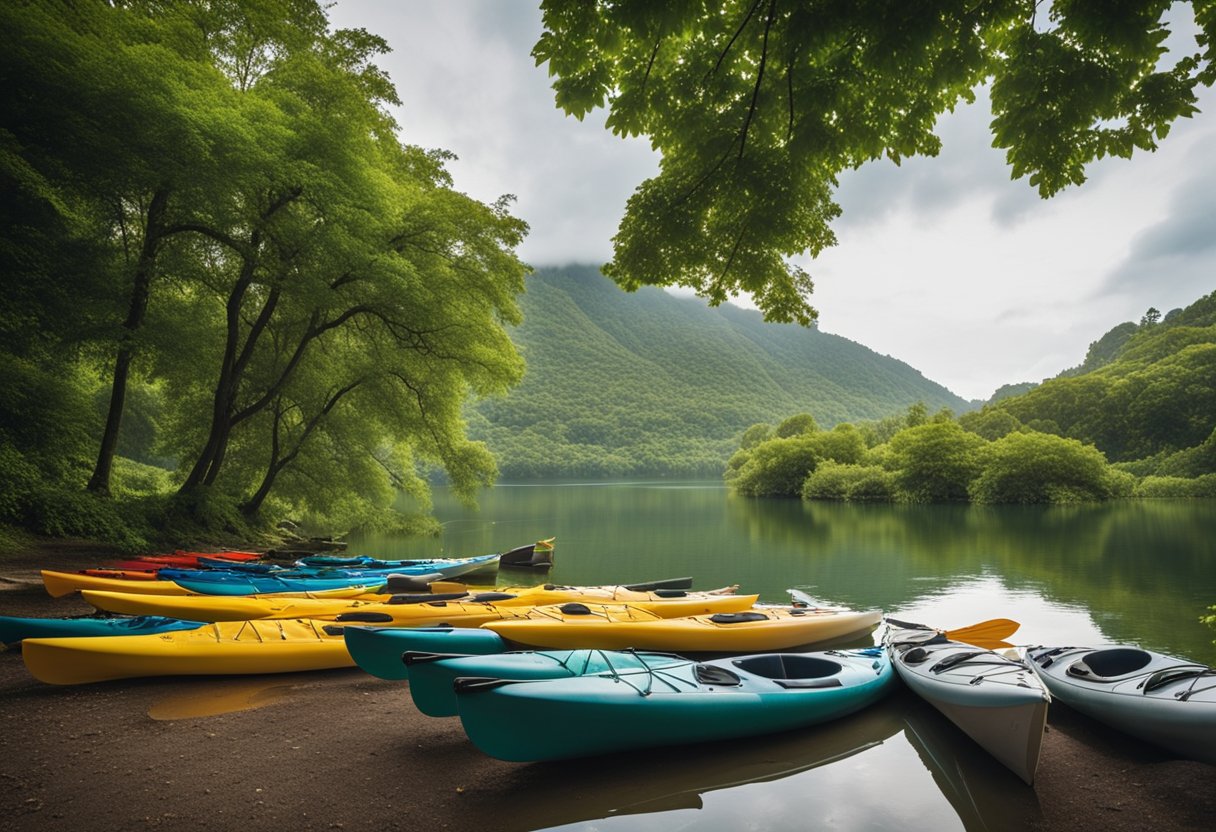 A calm river flows through a lush green landscape, with kayaks lined up on the shore, ready to be launched into the water