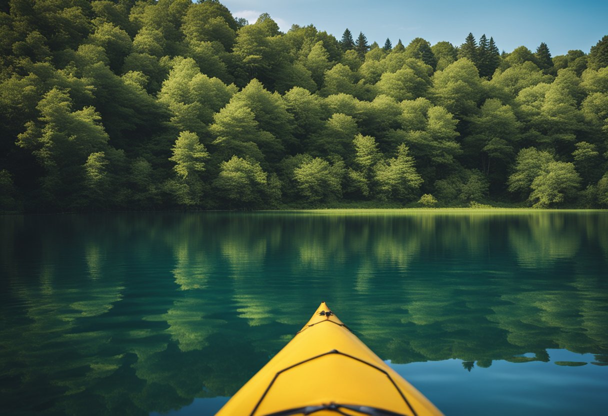 A kayak sits on a calm lake, surrounded by lush green trees and a clear blue sky. The water ripples gently, reflecting the peaceful scenery
