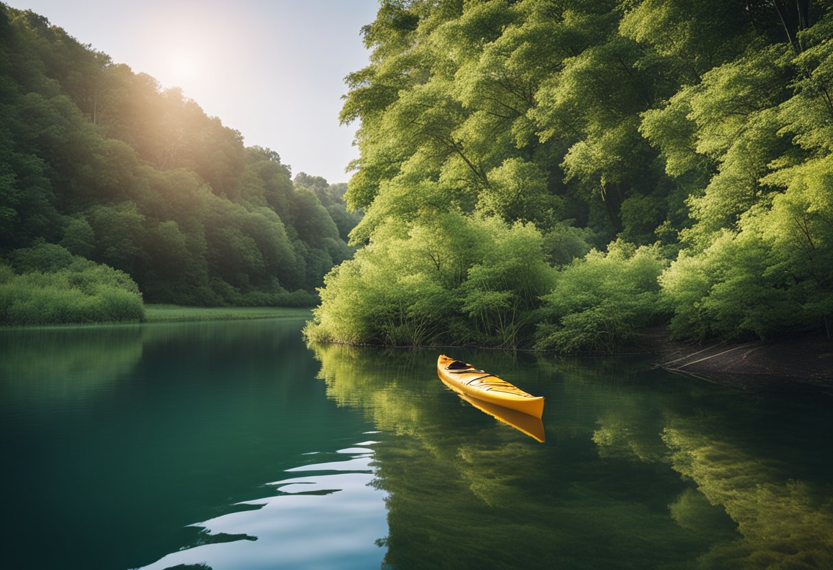 A kayak resting on a calm riverbank, surrounded by lush greenery and a clear blue sky overhead