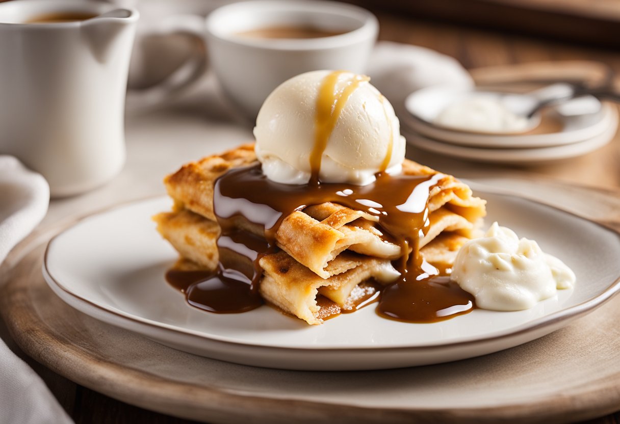 Golden-brown apple pie enchiladas sit on a white plate, topped with a generous scoop of vanilla ice cream and drizzled with warm caramel sauce