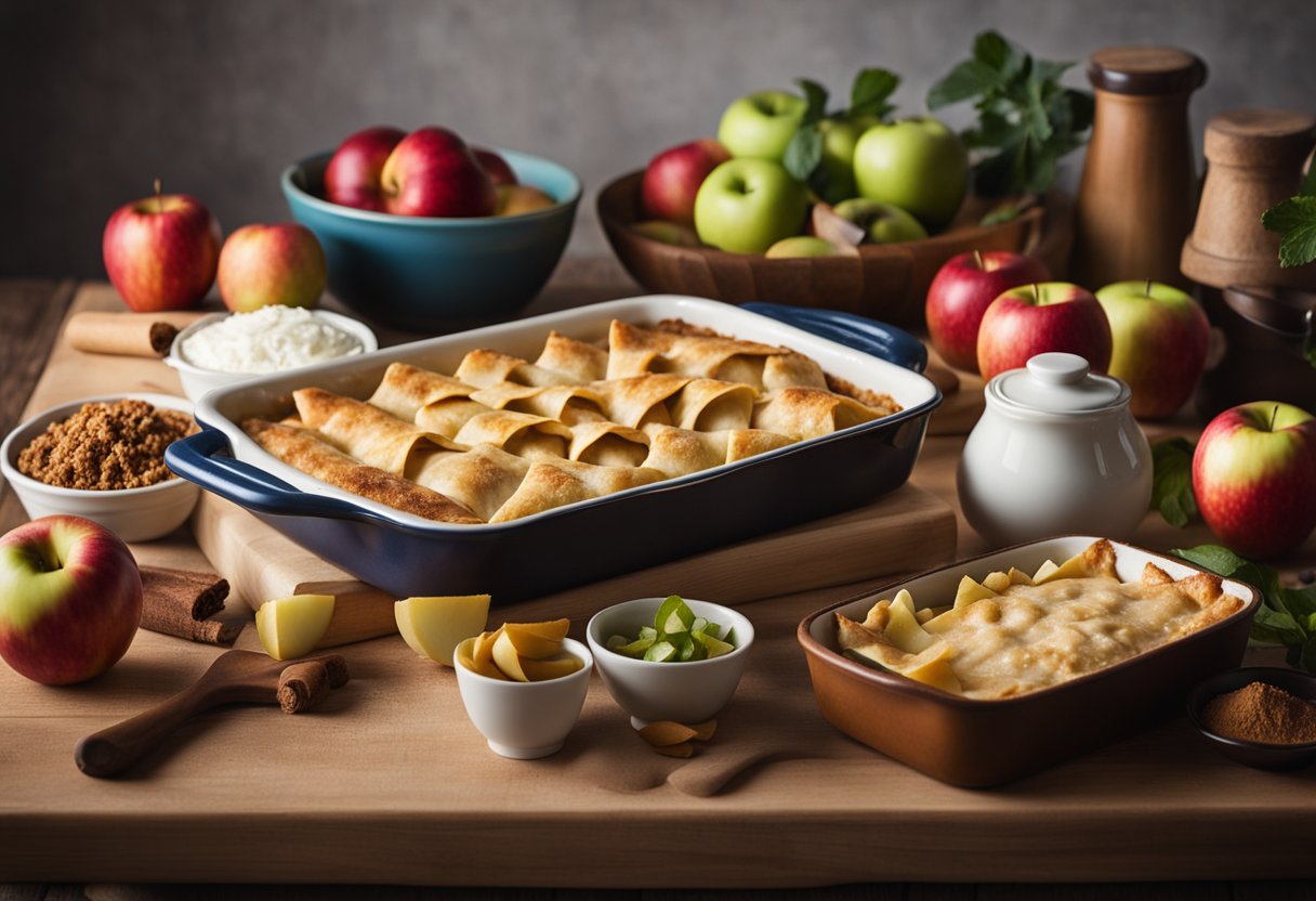 A table is set with ingredients for apple pie enchiladas. Apples, cinnamon, and tortillas are arranged neatly. A baking dish is ready for assembly