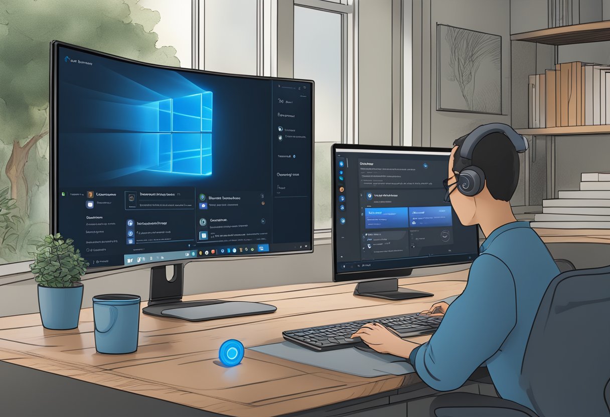 A computer screen with the Windows 11 interface open, showing the process of enabling Cortana through the settings menu