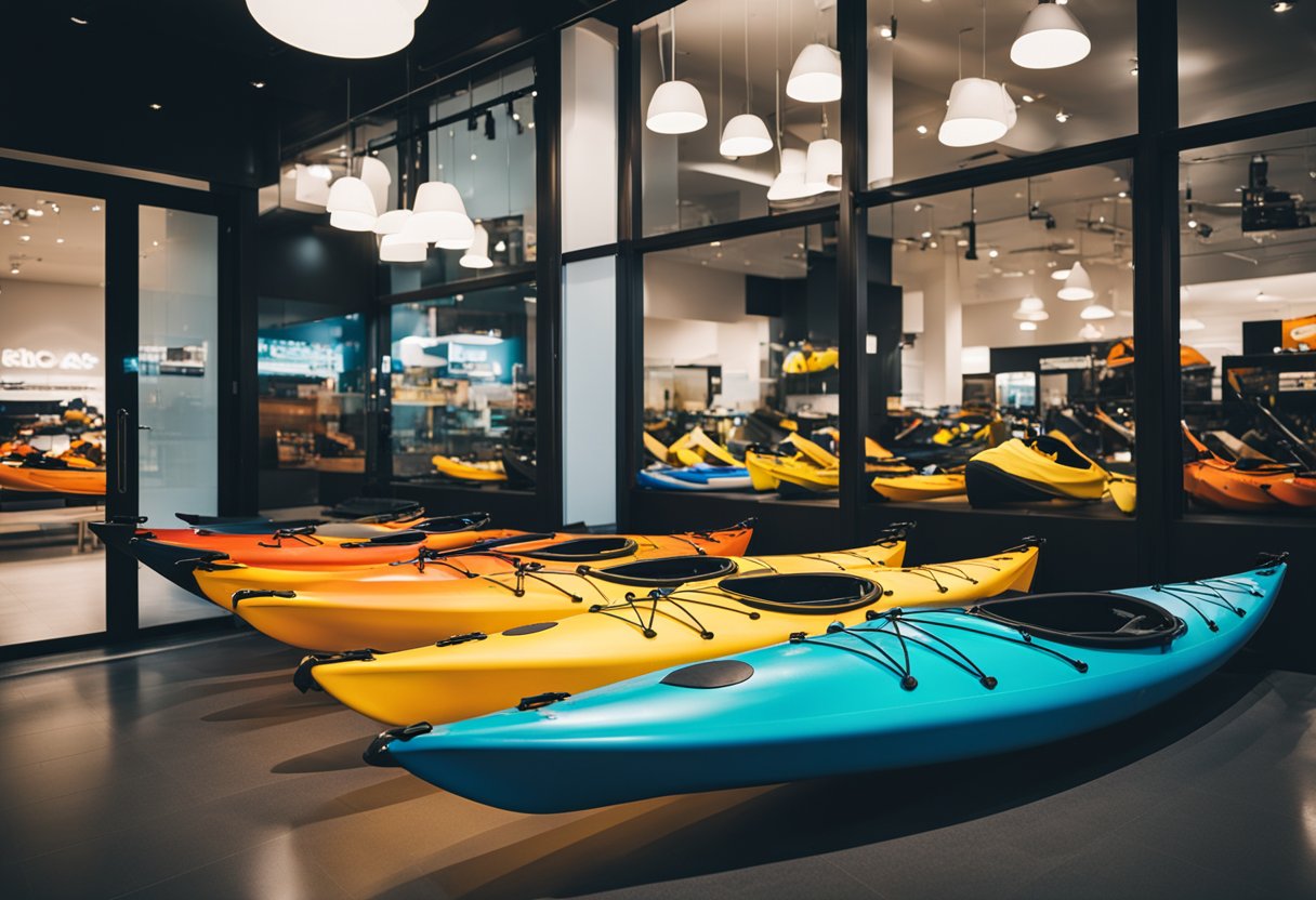 Kayaks on sale displayed in a store window with bright signage and price tags