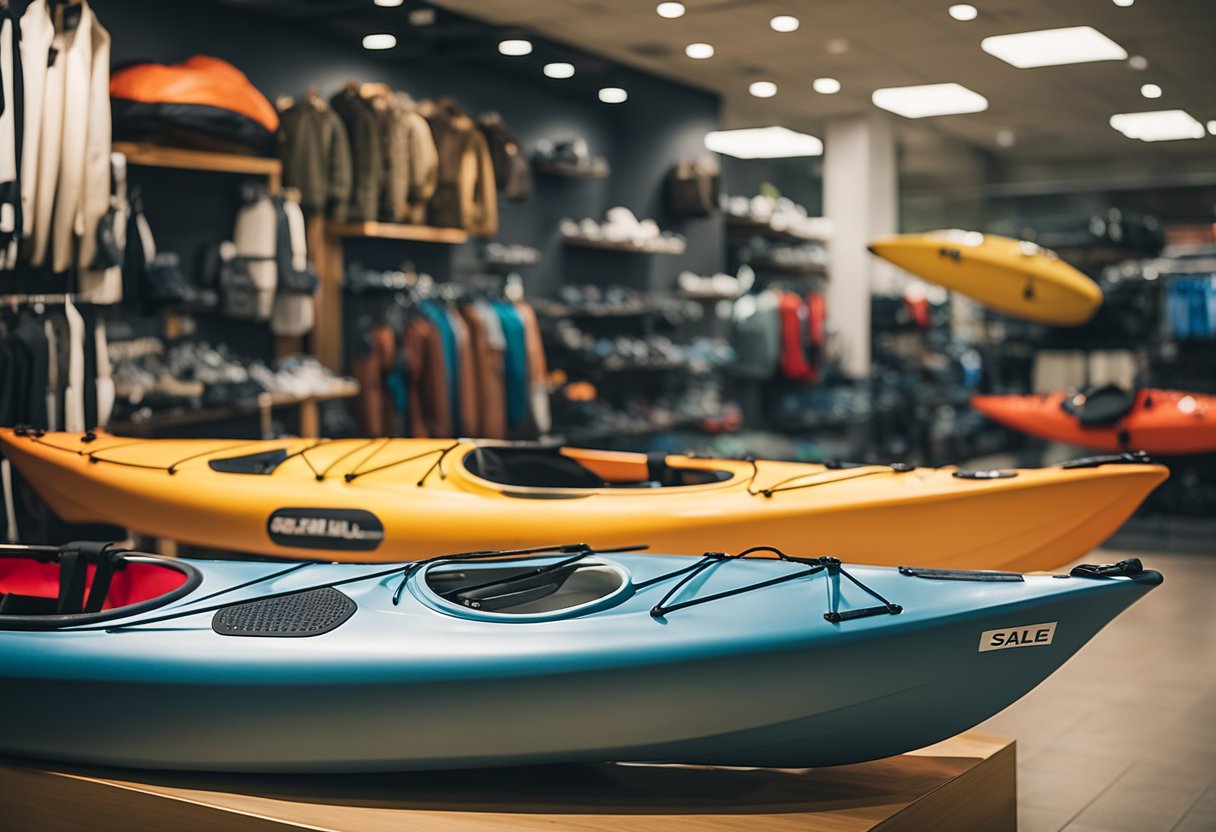 A kayak displayed in a retail store with a large "Sale" sign next to it, surrounded by other outdoor equipment