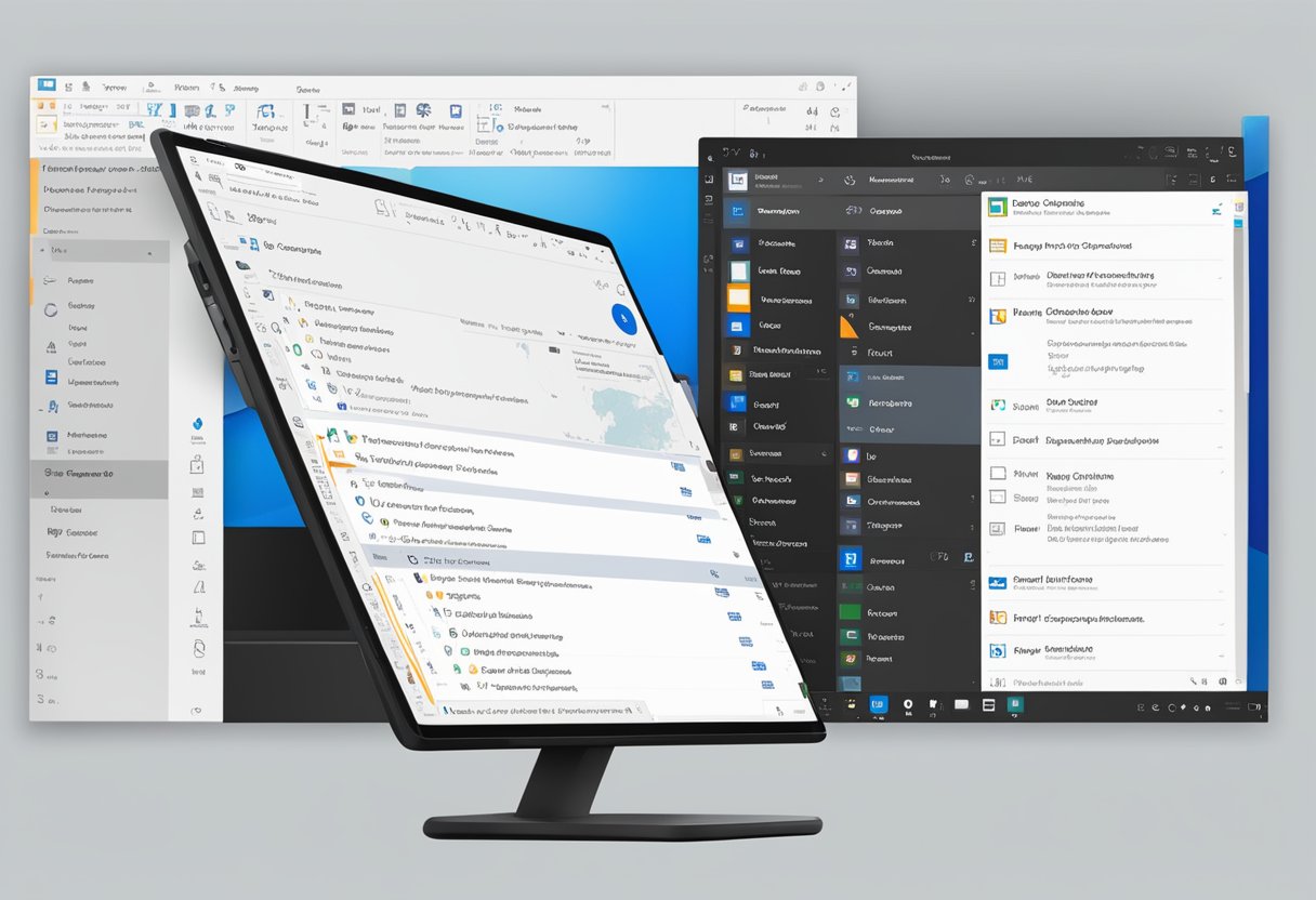 A computer screen with the Microsoft Outlook application open, displaying the dark mode interface with the settings menu open to enable dark mode