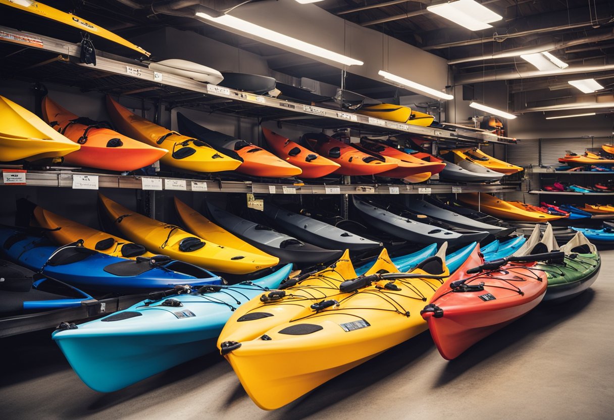A bright, sunny day at a bustling outdoor store. Kayaks of various colors and sizes are displayed on sale racks with price tags. Customers browse and compare models, eager to find the perfect deal