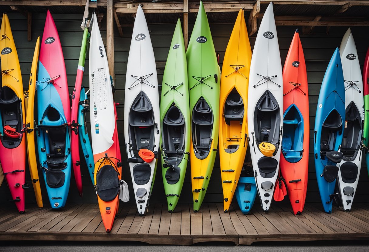 A kayak shop with colorful kayaks displayed on racks, a sign advertising "Best Kayak Deals," and a calendar marking the sale date