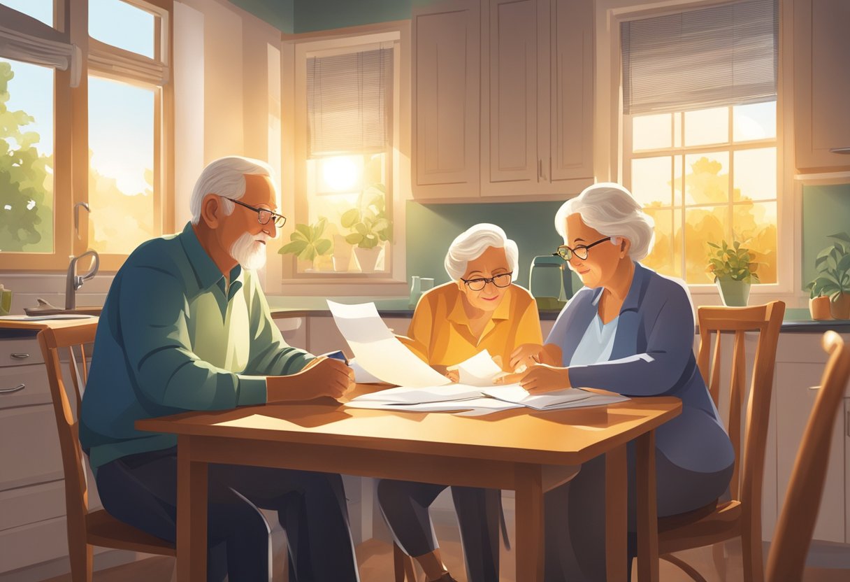 An elderly couple sits at a kitchen table, reviewing paperwork with a life insurance agent. The sun streams through the window, casting a warm glow on the scene