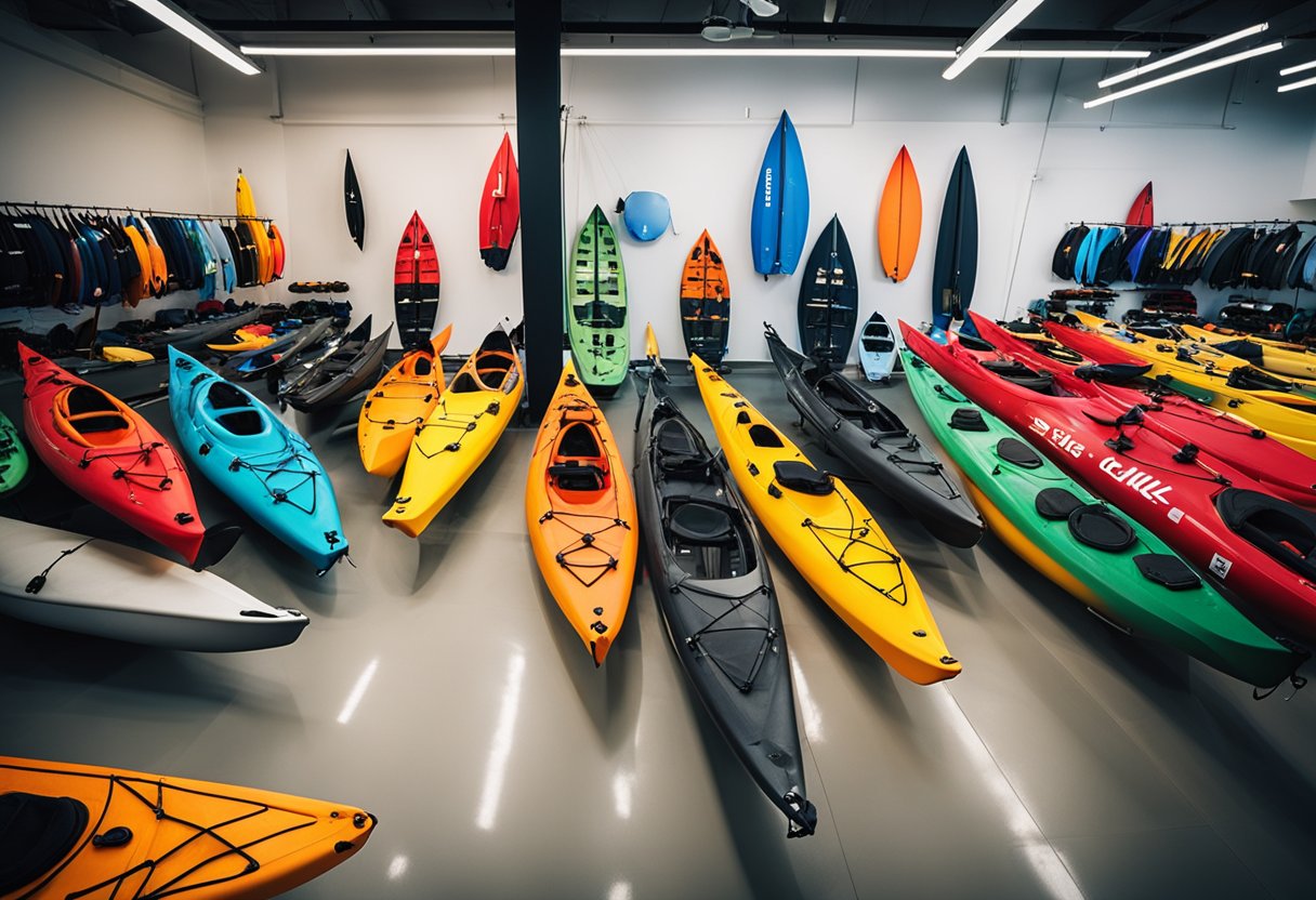 Kayaks displayed on sale in a store, with colorful price tags and a "sale" sign. Bright lighting and a clean, organized display