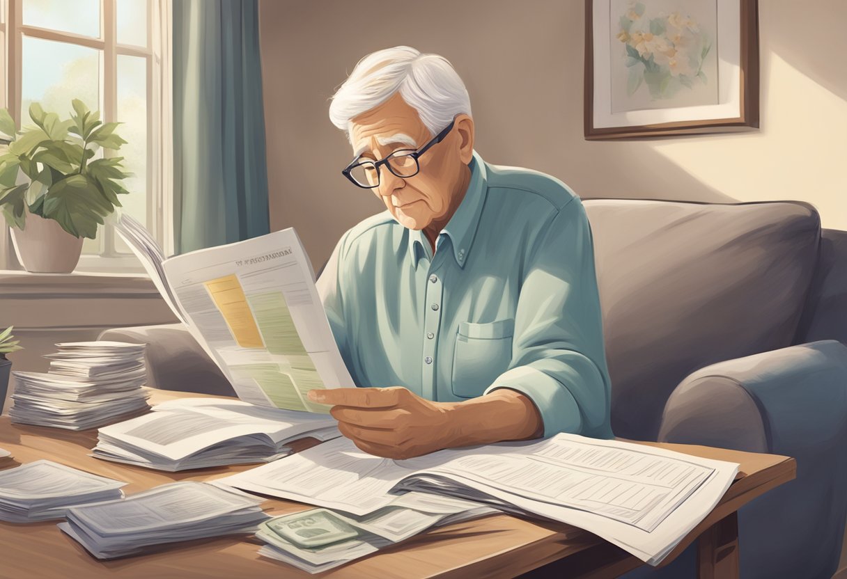 A serene elderly person reading and comparing life insurance options, surrounded by comforting family photos and financial documents