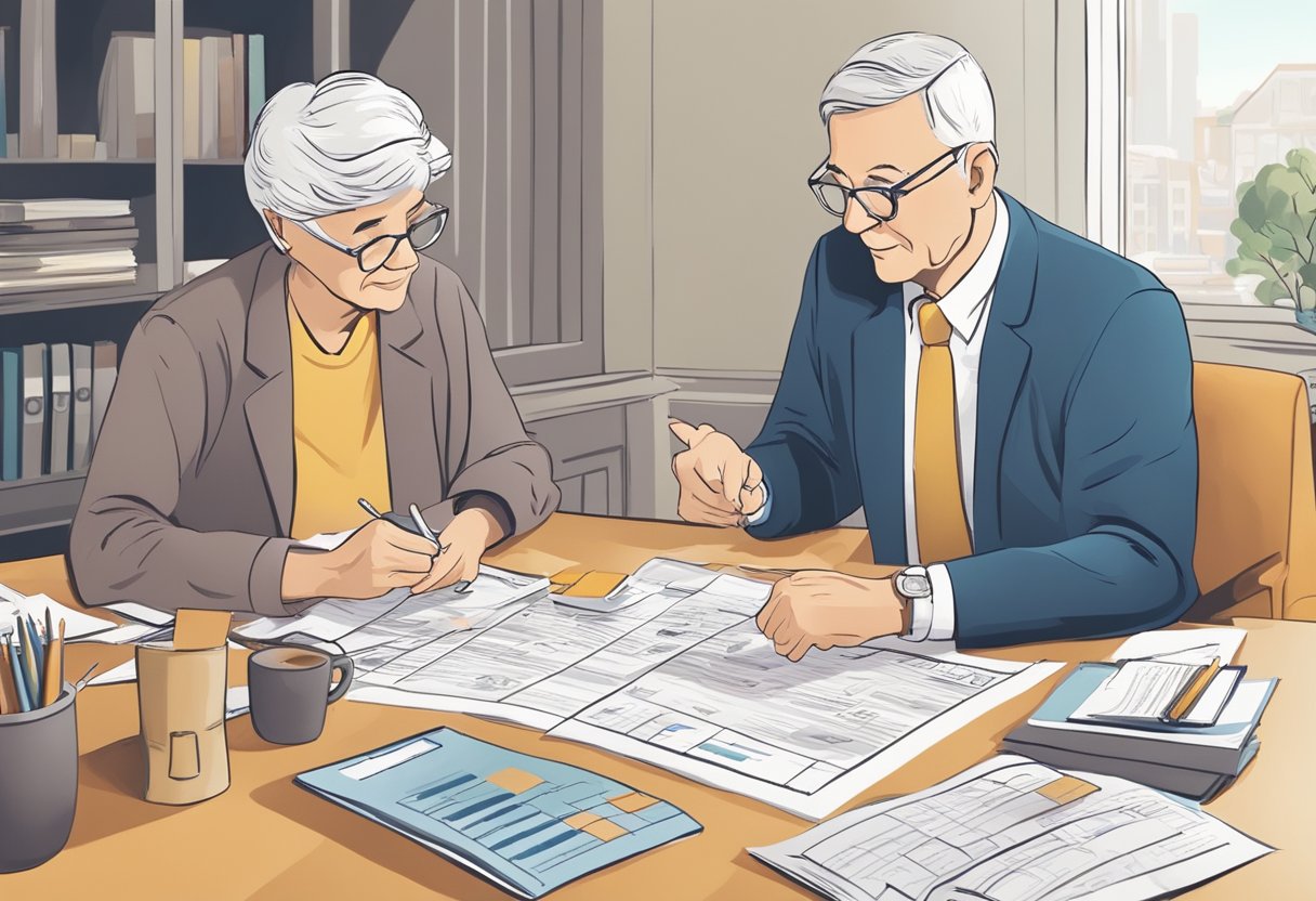 An elderly person reviewing life insurance options with a financial advisor. Papers and charts are spread out on a desk, with the advisor pointing to different options