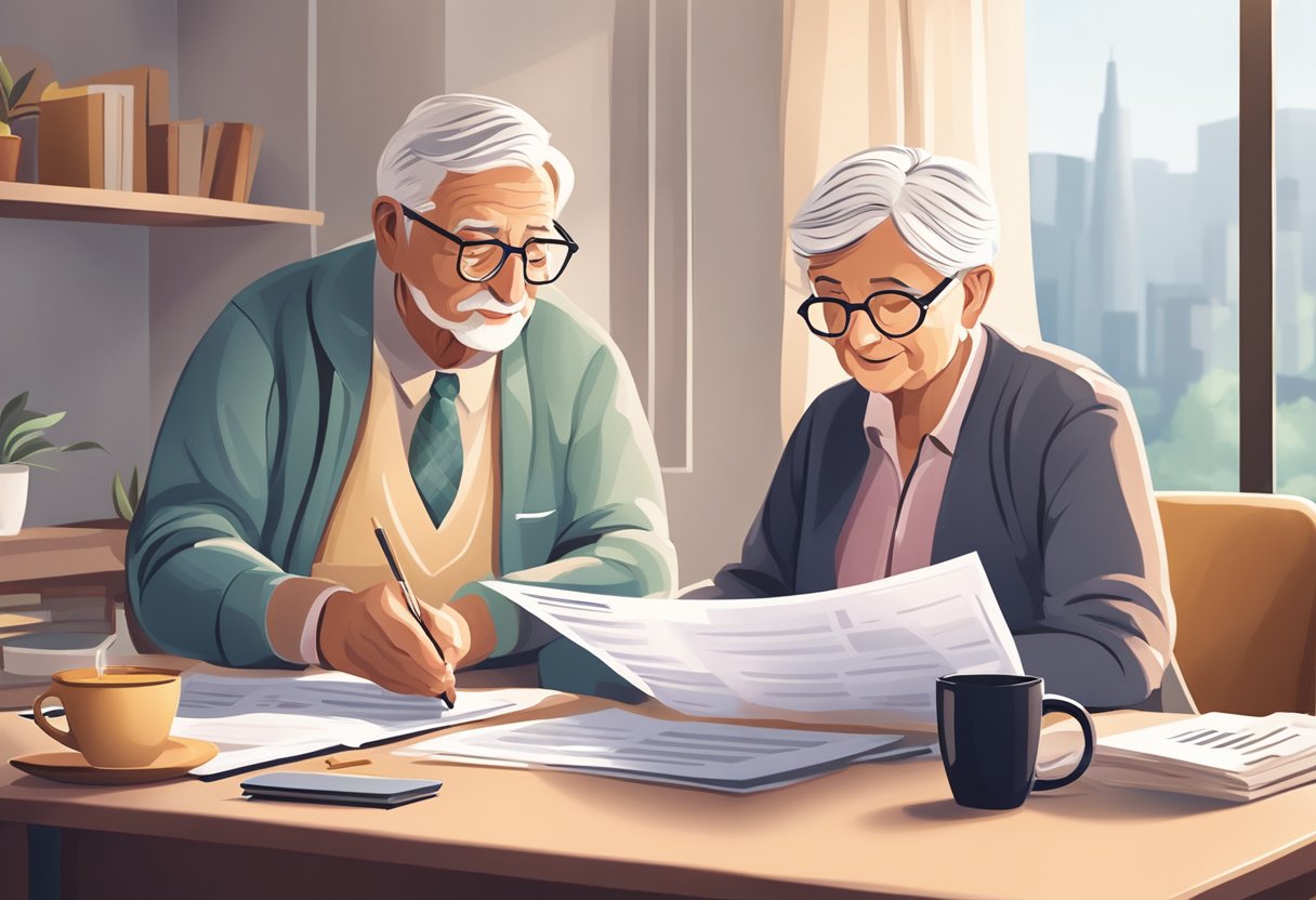 An elderly person reviewing life insurance policy documents with a financial advisor in a cozy office setting