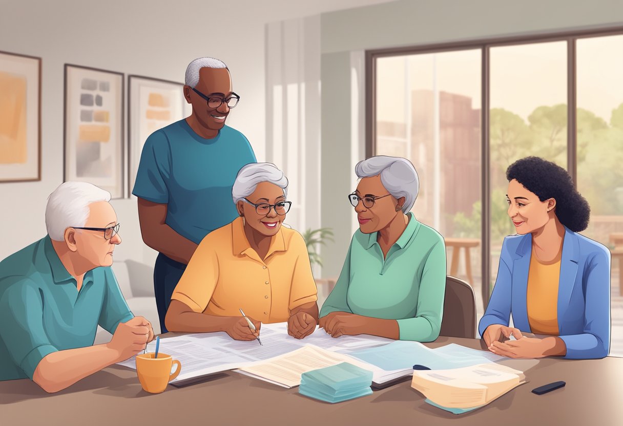A diverse group of people with various health conditions, including an 81-year-old, are seen discussing and purchasing life insurance policies
