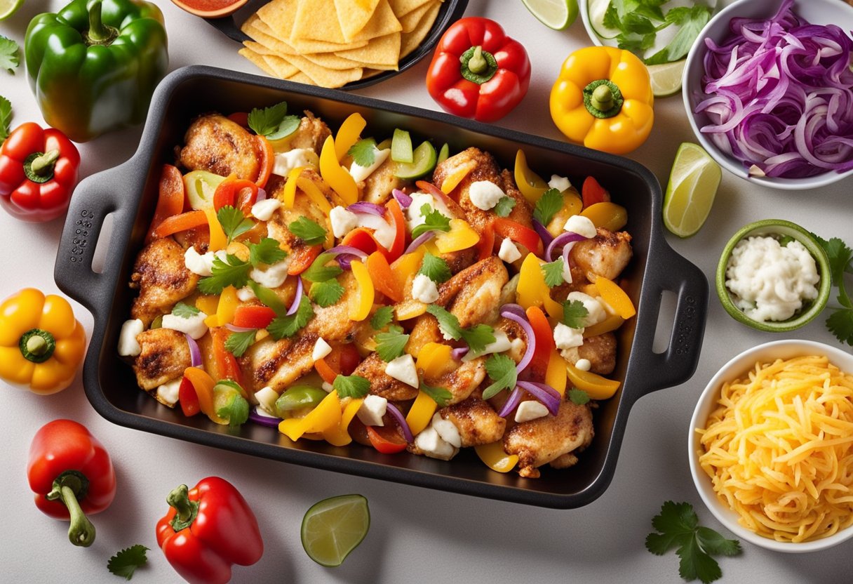 A baking dish filled with seasoned chicken, taco toppings, and melted cheese, surrounded by colorful bell peppers and onions