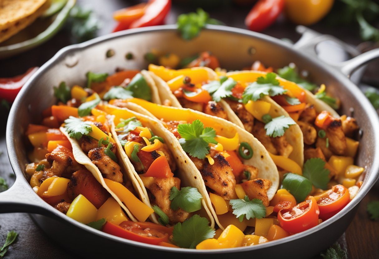 A sizzling pan of taco-seasoned chicken, colorful bell peppers, and melted cheese bubbling in the oven