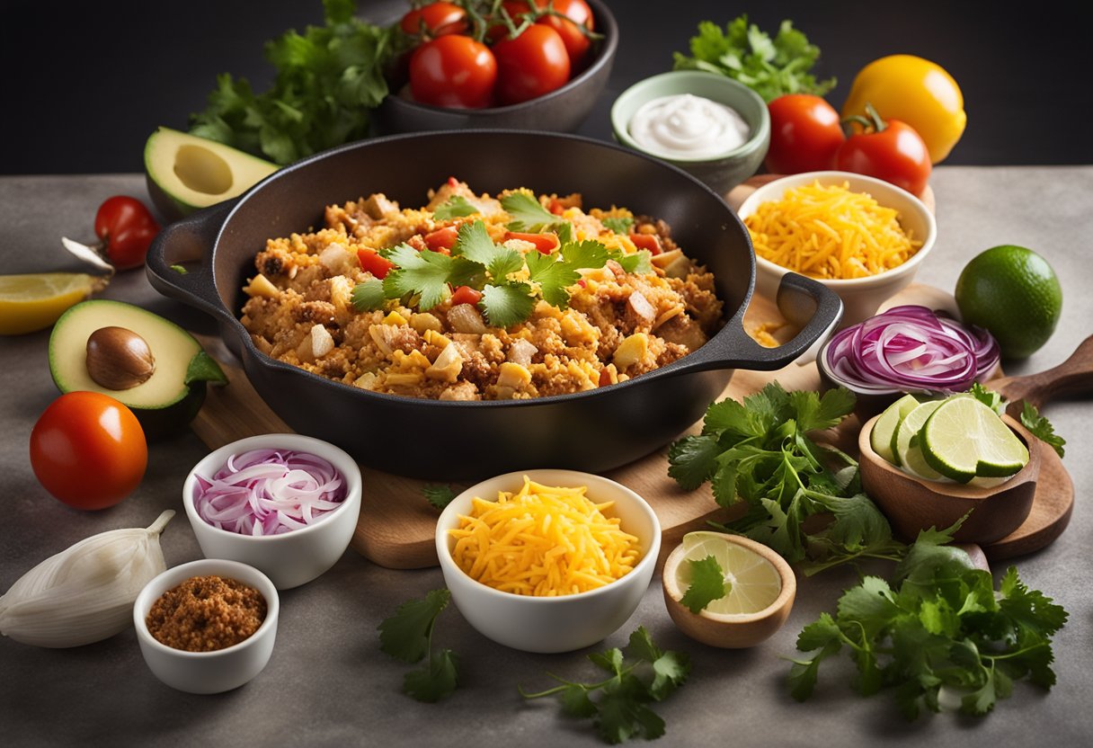 A kitchen counter with ingredients for One Pan Taco Chicken Bake laid out