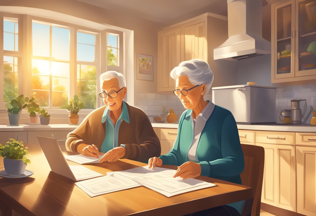 An elderly couple sits at a kitchen table, reviewing life insurance documents. The sun shines through the window, casting a warm glow on the scene