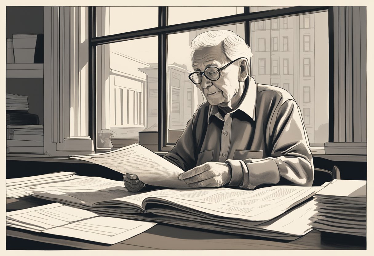 An 82-year-old sits at a desk, reading through life insurance documents. A warm, comforting light filters in through the window, casting a soft glow on the papers in front of them