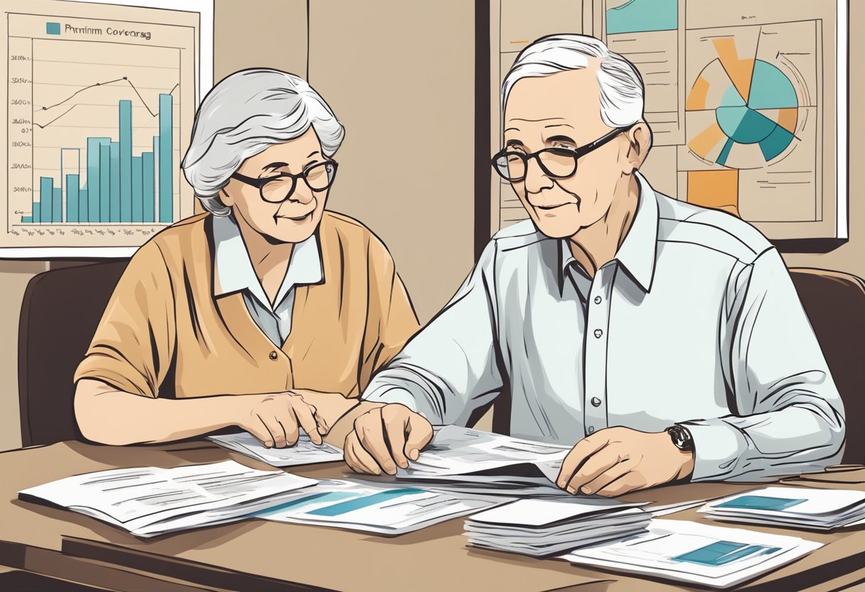 An elderly couple sits at a table with a stack of life insurance documents, surrounded by charts and graphs showing premium rates and coverage options