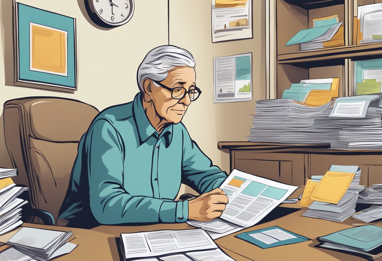 An elderly person sitting at a desk, surrounded by various insurance brochures and paperwork. They are deep in thought, trying to choose the right life insurance provider for their needs