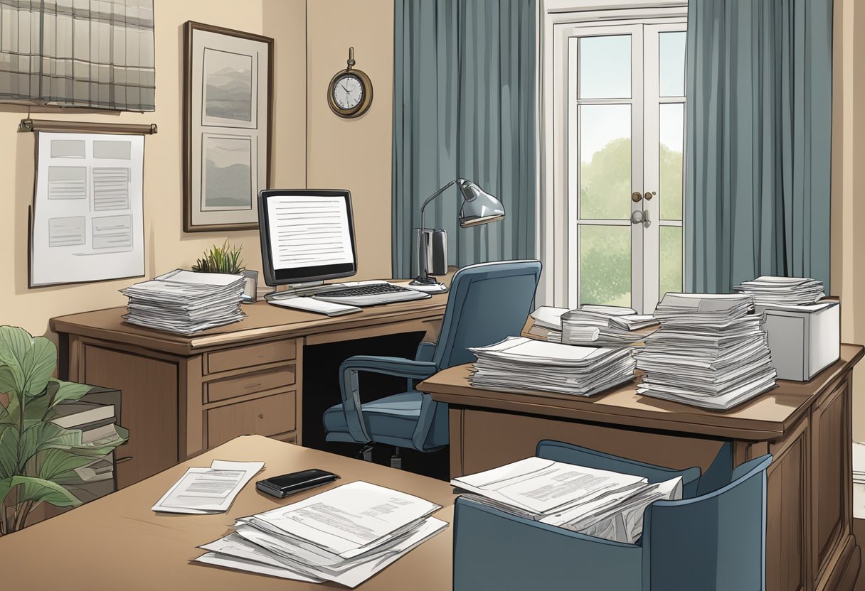 An 82-year-old's home office with a desk, computer, and insurance documents. A stack of FAQ papers on life insurance sits on the desk