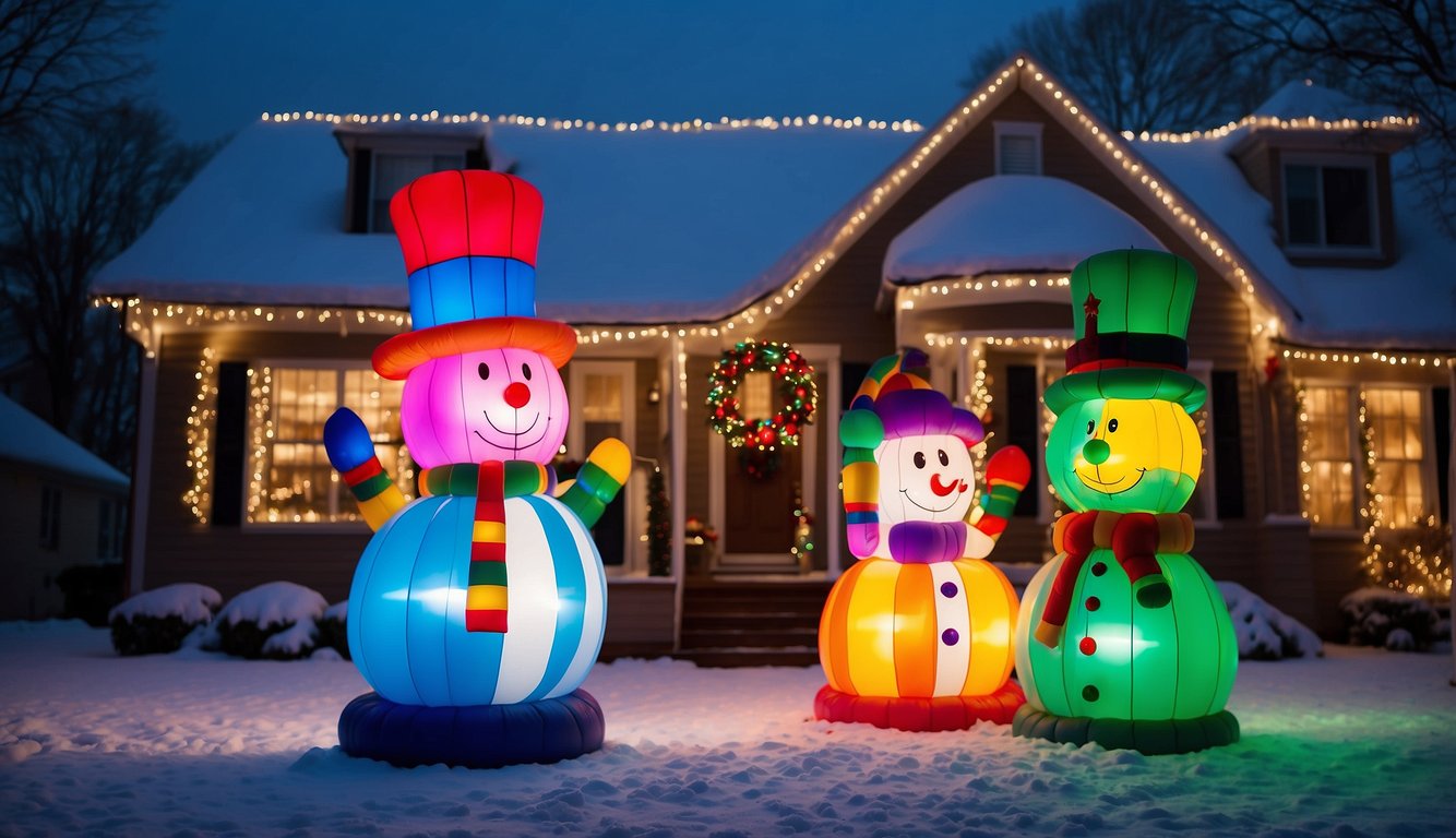 Colorful Christmas inflatables inflate with a motorized fan, standing tall in a snowy yard, adorned with twinkling lights and festive decorations