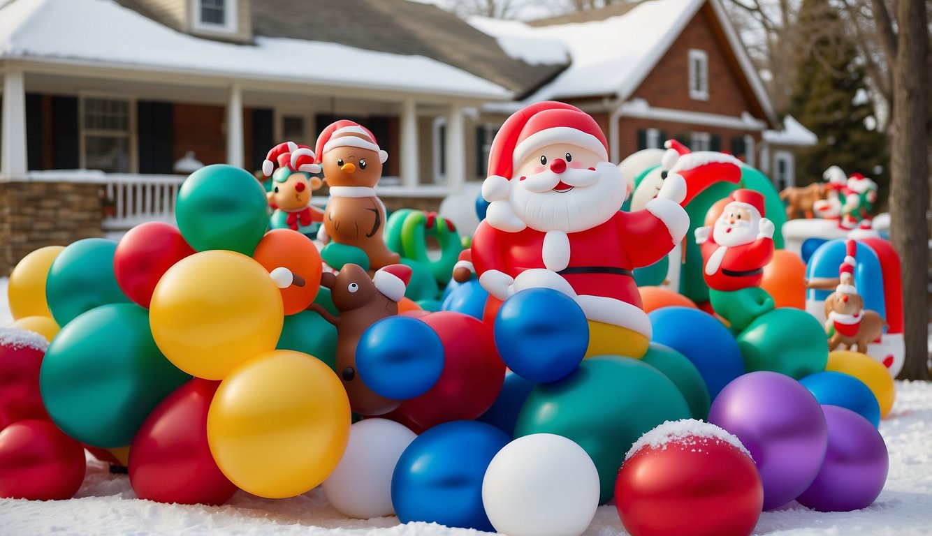 Colorful Christmas inflatables fill a yard, powered by fans to stay inflated. Santa, snowmen, and reindeer sway in the breeze, adding festive cheer to the holiday decor theme