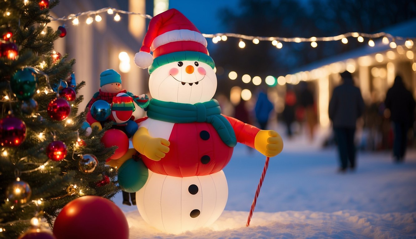 Inflatable Santa and snowman stand tall, anchored by stakes and tethers, surrounded by twinkling lights and festive decorations