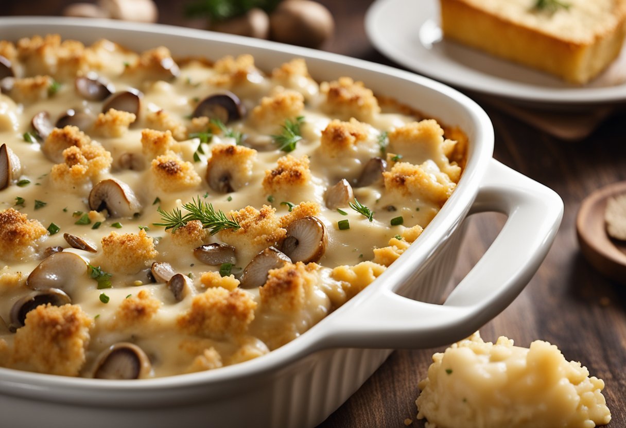 A bubbling casserole dish filled with creamy chicken, mushrooms, and cheese, topped with a golden-brown breadcrumb crust