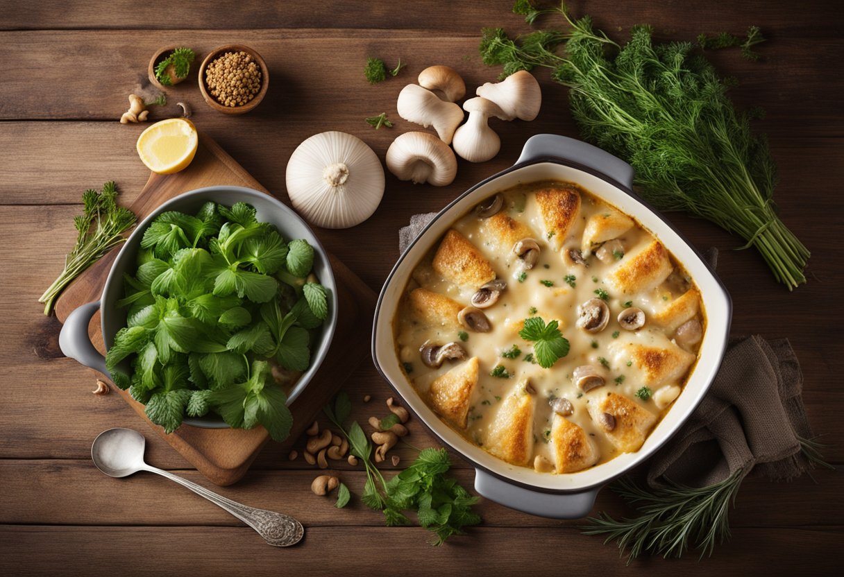 A golden-brown casserole dish filled with creamy chicken, mushrooms, and melted cheese, surrounded by fresh herbs and spices on a rustic wooden table