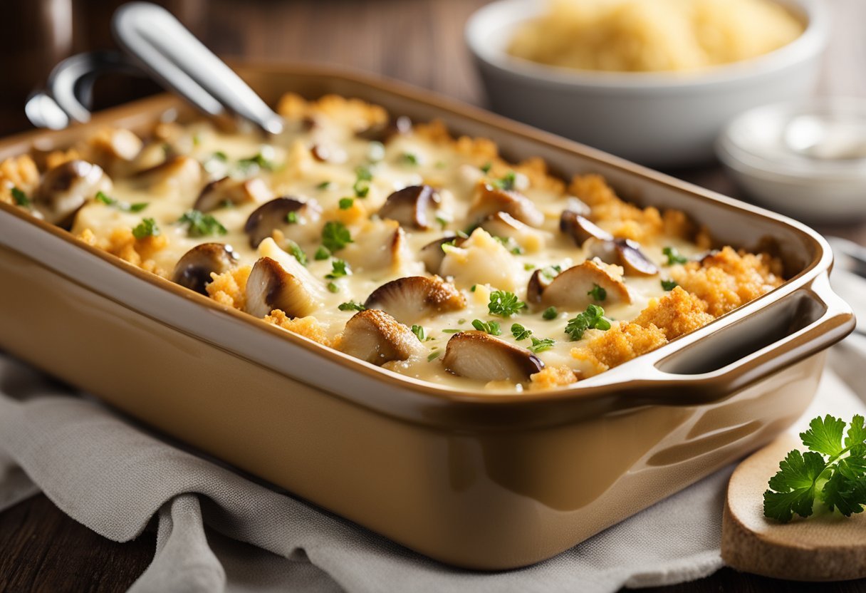 A casserole dish filled with diced chicken, mushrooms, and a creamy sauce, topped with a layer of melted cheese and golden breadcrumbs