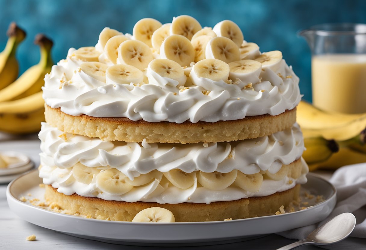 A banana pudding poke cake sits on a white cake stand, topped with whipped cream and sliced bananas, surrounded by a scattering of vanilla wafers