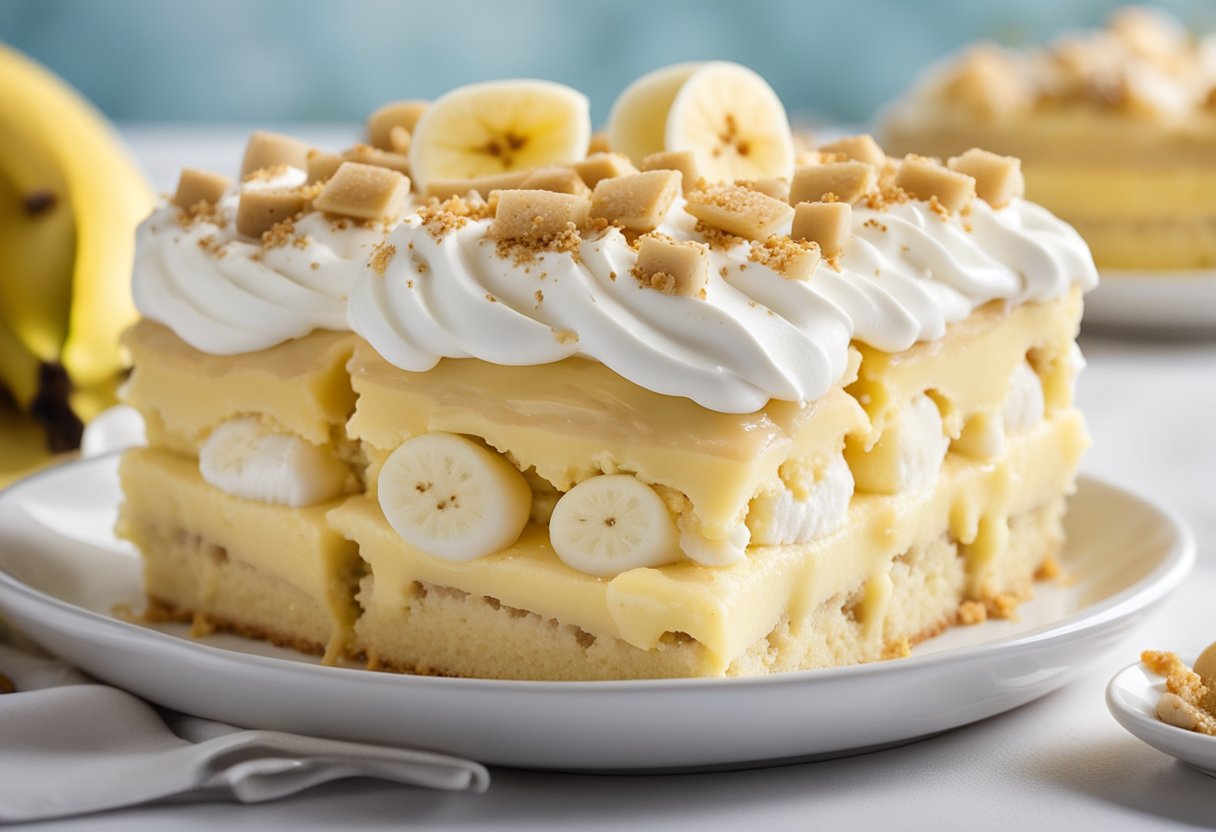 A banana pudding poke cake sits on a white serving dish, with layers of yellow cake, creamy pudding, and sliced bananas. A dollop of whipped cream and a sprinkle of crushed vanilla wafers top the dessert