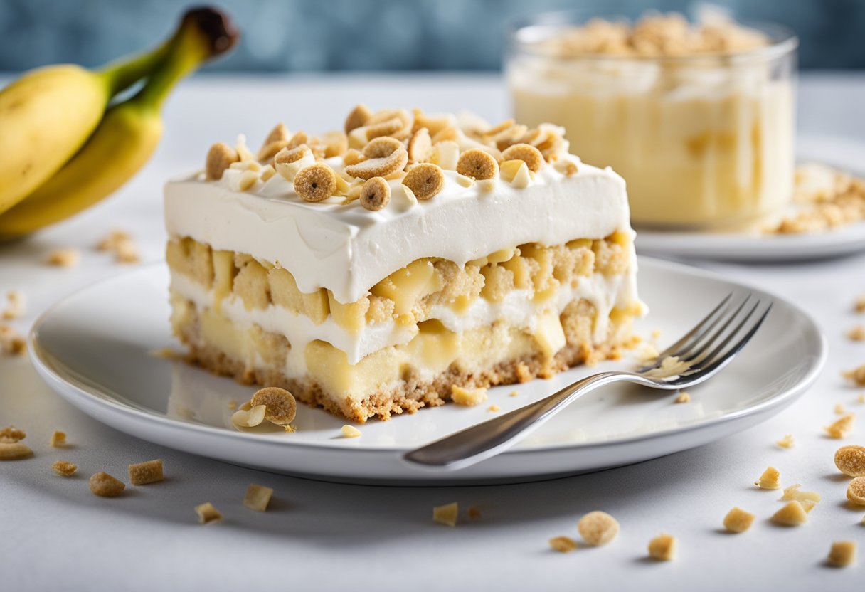 A banana pudding poke cake sits on a white serving platter, topped with layers of creamy pudding, sliced bananas, and crumbled vanilla wafers