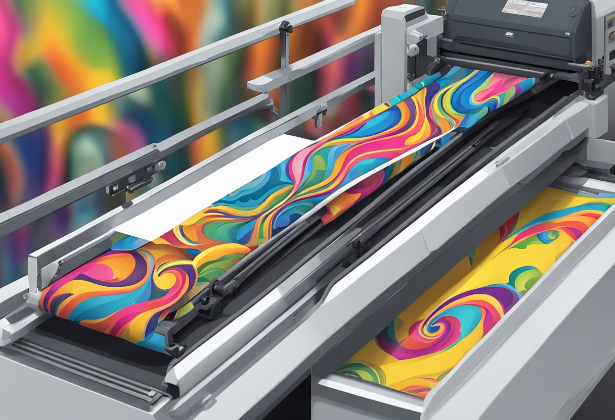 A rifle sling lies flat on a heat press machine. A sublimation transfer paper with a colorful design is positioned on top of the sling. The heat press machine is closed, applying heat and pressure to transfer the design onto the sling