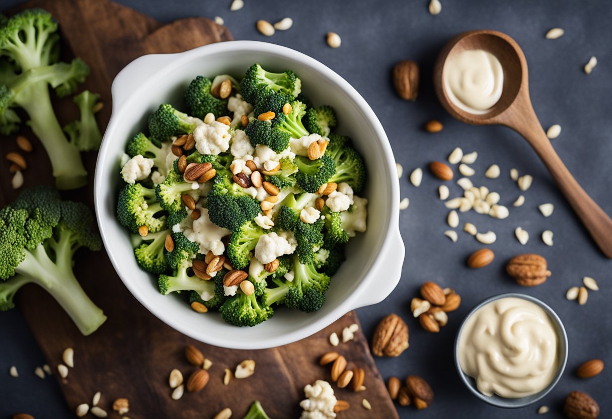 A bowl of colorful broccoli and cauliflower salad, topped with a creamy dressing and sprinkled with seeds and nuts