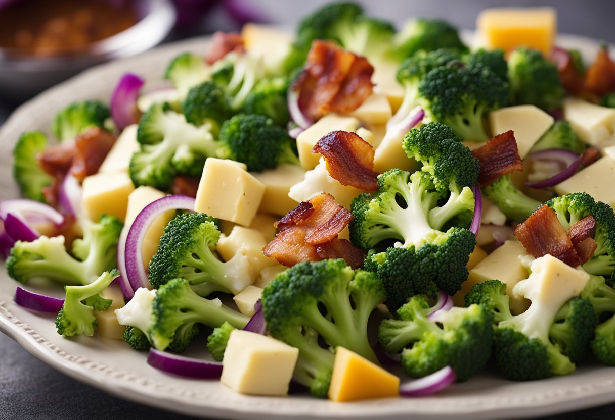 Fresh broccoli and cauliflower mixed with crispy bacon, sharp cheddar cheese, and tangy red onions, all coated in a creamy dressing