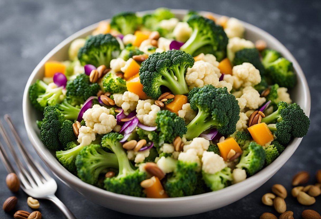 A colorful bowl of broccoli and cauliflower salad, topped with a variety of nutritious ingredients, such as nuts, seeds, and a light vinaigrette dressing