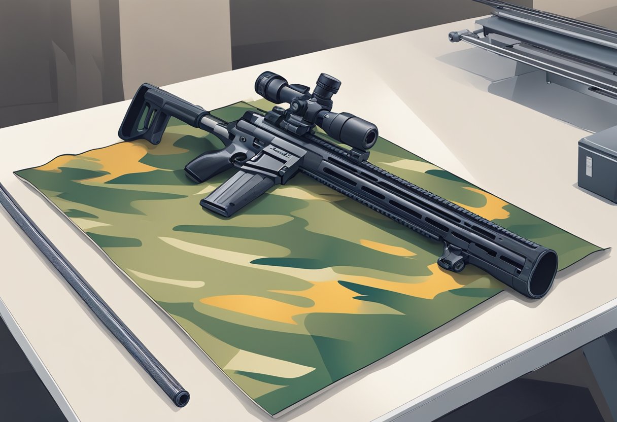 A rifle sling lays flat on a clean, well-lit work surface. A sublimation transfer paper and heat press machine are positioned nearby