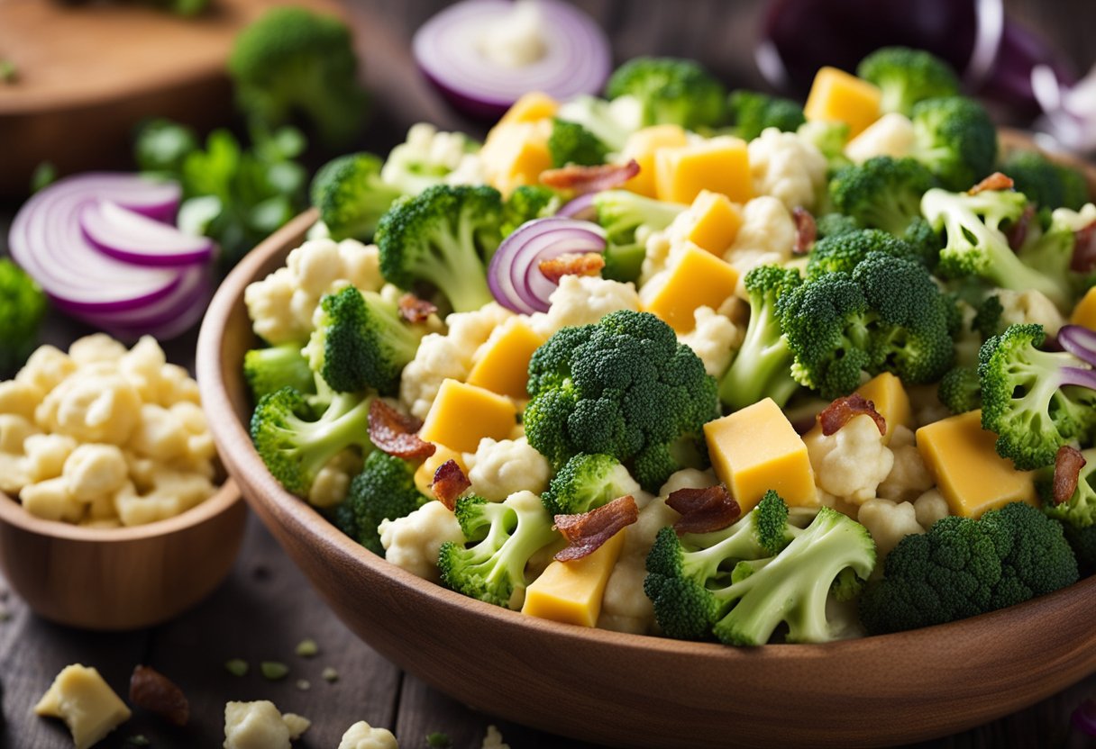 Fresh broccoli and cauliflower florets mixed with bacon, red onion, and cheddar cheese, all tossed in a creamy dressing