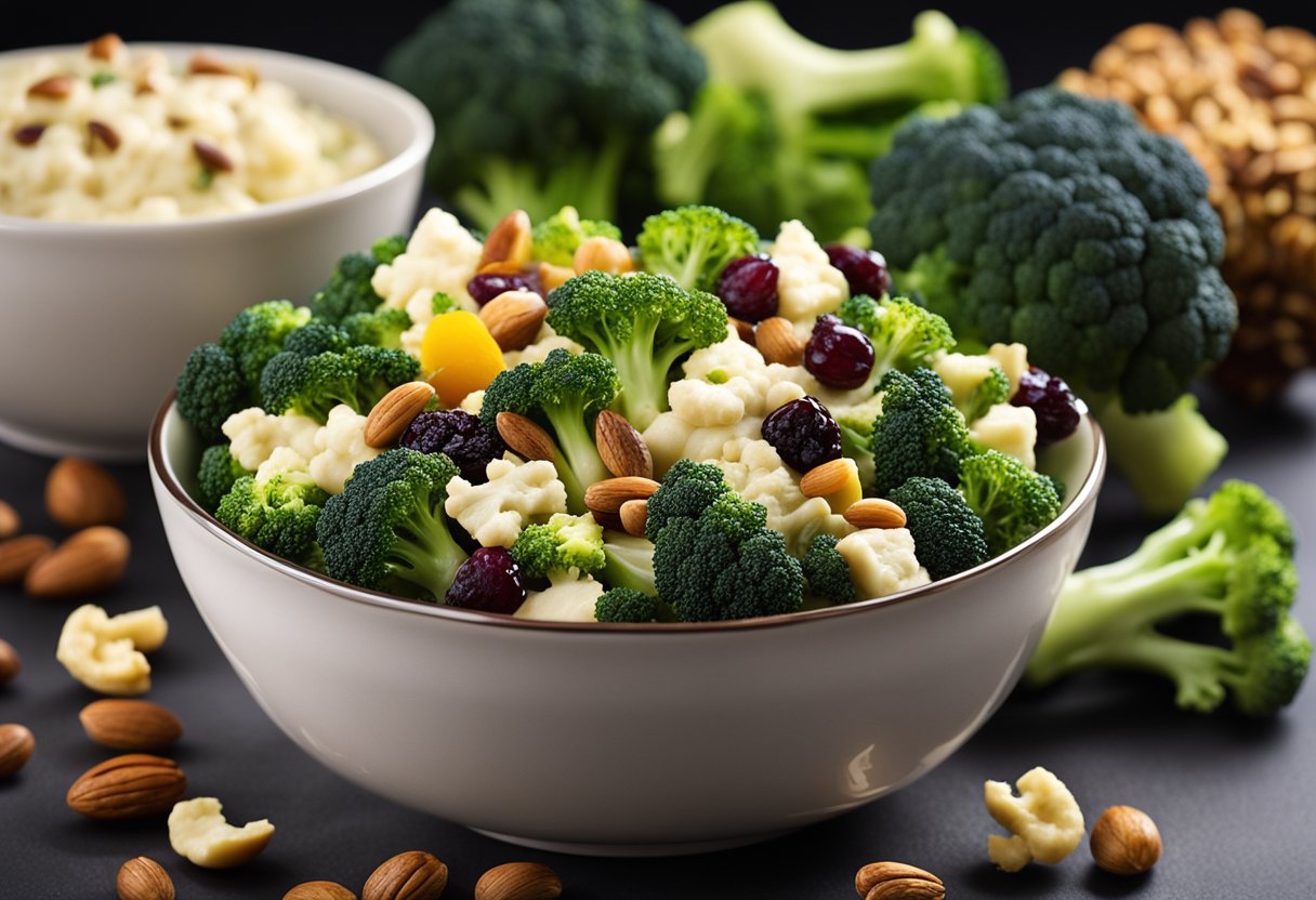 A bowl filled with colorful broccoli and cauliflower florets, mixed with a creamy dressing and topped with nuts and dried fruits