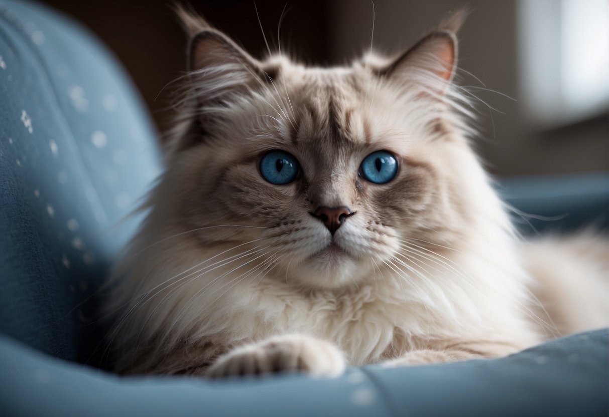 A fluffy ragdoll cat sits gracefully on a soft cushion, its blue eyes gazing serenely into the distance