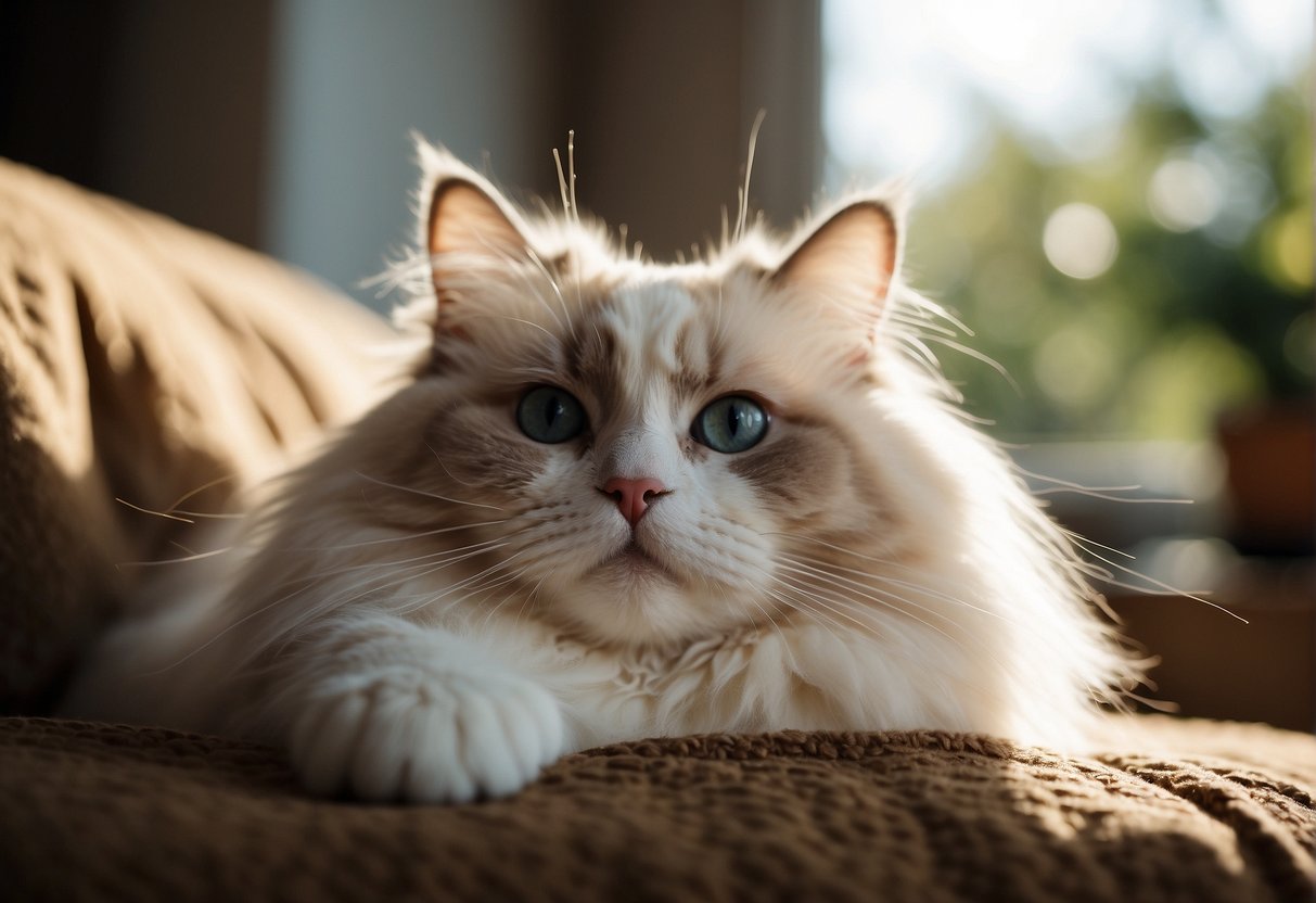 A fluffy Ragdoll cat lounges on a soft blanket, surrounded by hypoallergenic pillows. Sunlight streams through a window, casting a warm glow on the serene scene