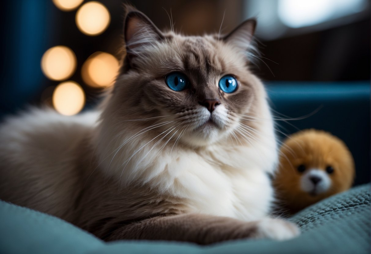 A ragdoll cat sits on a plush cushion, surrounded by toys and a cozy bed. Its blue eyes gaze up expectantly, while its long, soft fur flows gracefully around its relaxed posture