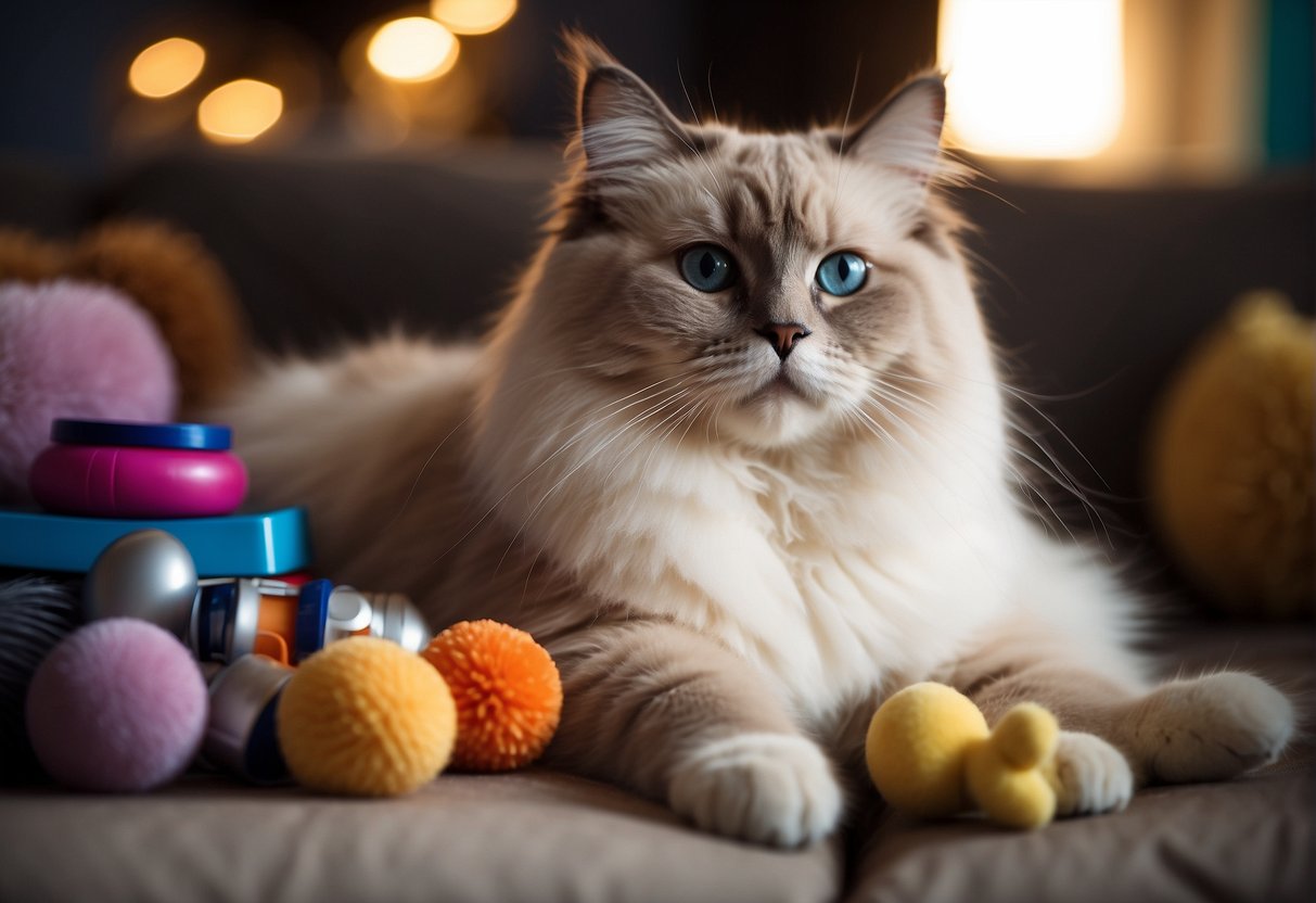 A ragdoll cat sits on a plush cushion, surrounded by toys and grooming supplies. A price tag and calculator are visible nearby