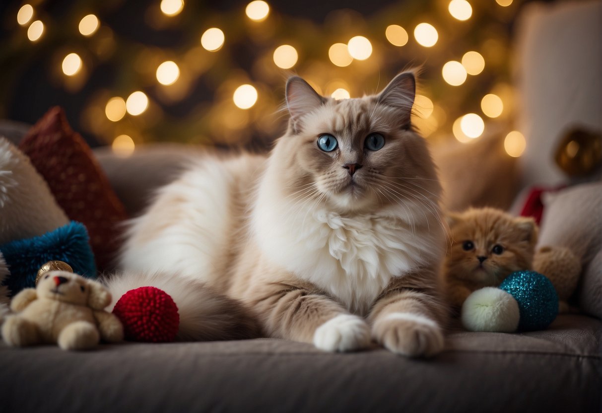 A ragdoll cat sits on a plush pillow, surrounded by luxurious toys and a price tag. A hand reaches out to claim ownership