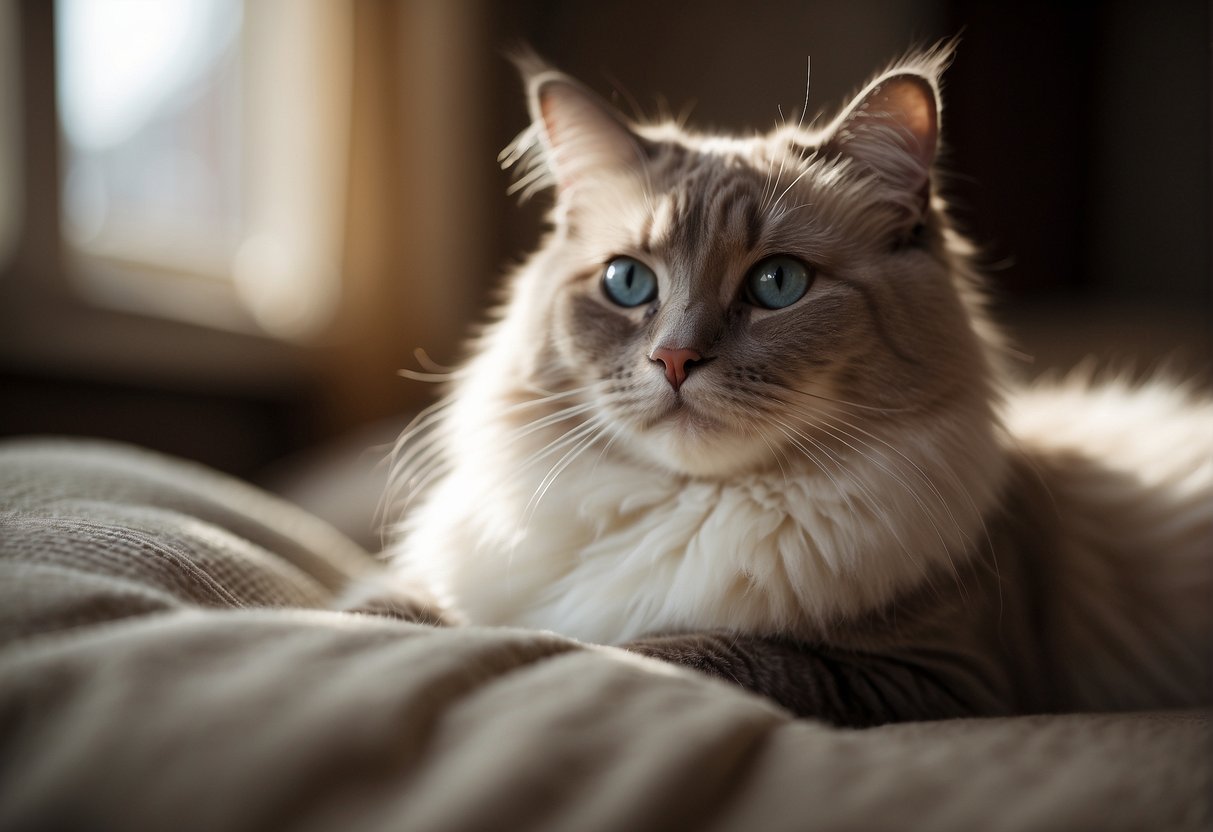 A ragdoll cat lounges on a cozy pillow, gazing out a sunlit window, with a serene expression on its face