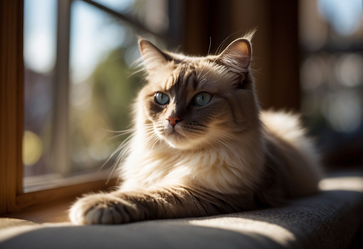 A regal Ragdoll cat lounges on a cozy window perch, basking in the warm sunlight streaming through the glass. Its luxurious fur and serene expression capture the essence of its long and leisurely lifespan